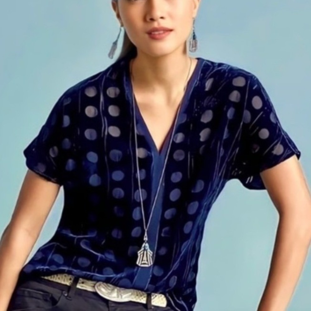Cabi Devoted Blouse Navy Blue Velvet Burnout‎ Polka Dot V-Neck Top 3507 Small